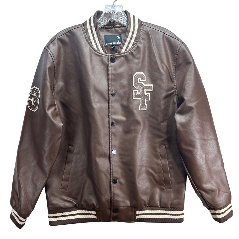 Stone Falcon Mens M Varsity Jacket Chocolate Faux Leather Brown SFJKM5101324 NEW
